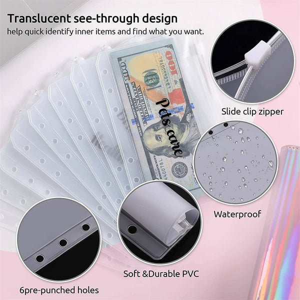 A6 PU Laser Leather Notebook Binder Budget Planner Organizer Cash Binder Pockets