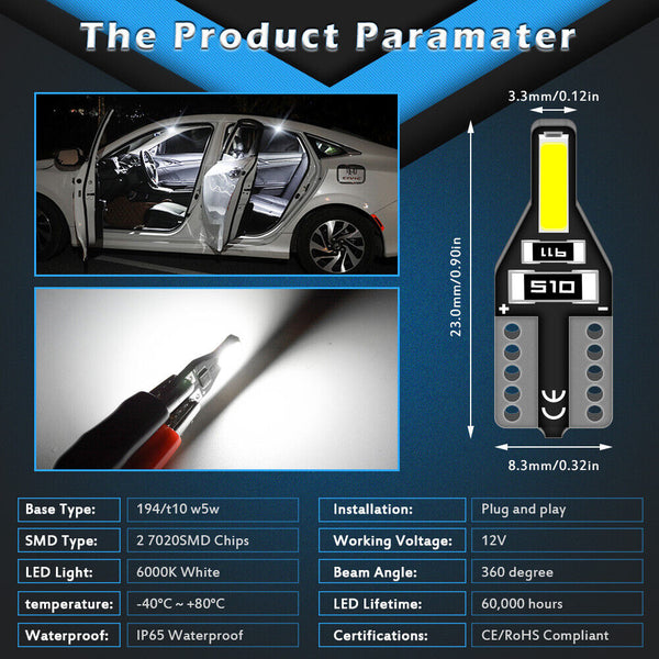 10pcs Canbus T10 LED 7020 SMD White Car Side Wedge Light Globe Bulbs 194 168 W5W