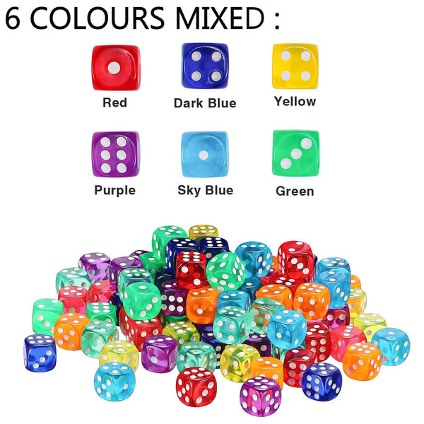 6 Sided Games Dice Transparent Coloured Game Play Toy Bulk Board Game