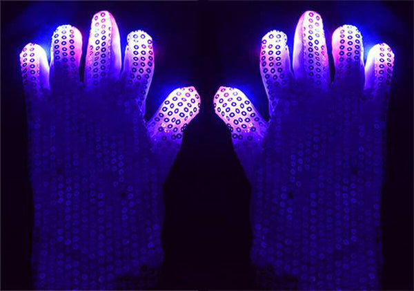 LED Gloves Flashing Sequins Sparkly 6Modes Finger Lighting Light Up White Party