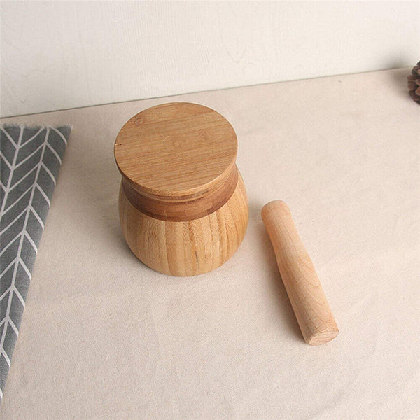 Set Mortar+Pestle Garlic Press Crusher Spice Herb Grinder Tool Hard Wood Natural