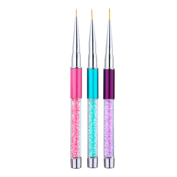 3Pcs Nail Art Liner Brush Pen Rhinestone Handle Salon Using Nylon Hair Brushes