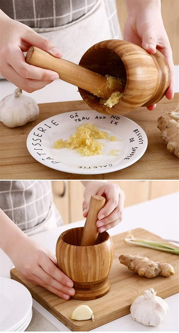 Set Mortar+Pestle Garlic Press Crusher Spice Herb Grinder Tool Hard Wood Natural
