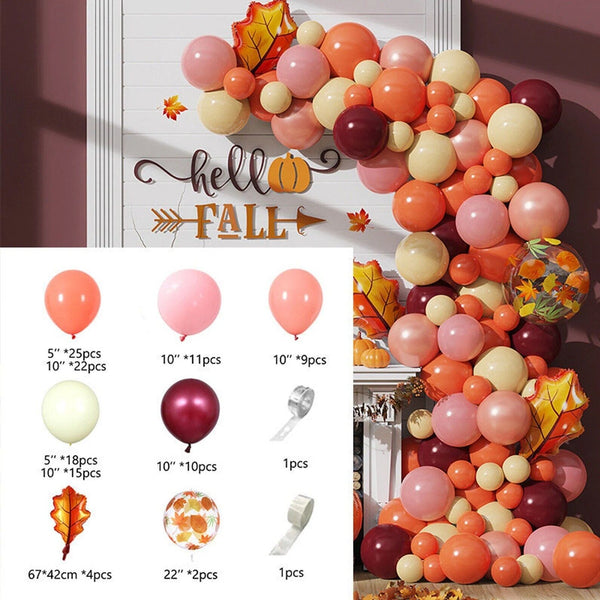 138pcs Autumn Maple Arch Garland Kit Balloons Orange Burgundy With Maple Leaves