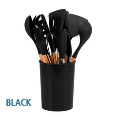 12Pcs Black Silicone Utensils Cooking Kitchen Set Wooden Baking Cookware BPA