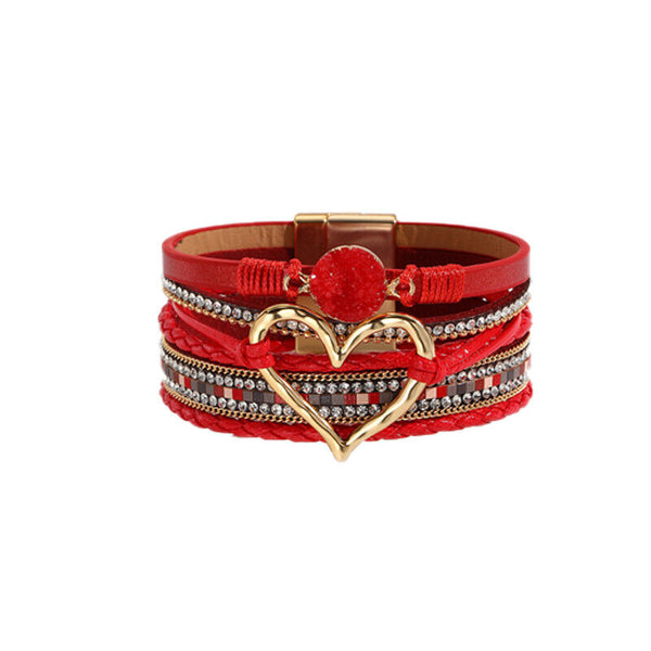 Chic Women Multi-Color Leather Wrap Bracelet Love Heart Charms Magnetic Clasp