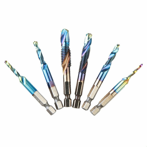 6PCS Metric Thread M3-M10 Titanium Coated Drill and Tap Bits 1/4 Hex Shank Tools
