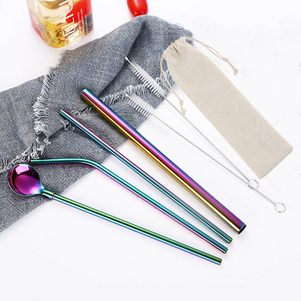 7PCS Reusable Metal Stainless Steel Straws Drinking Straw Spoon Set with Brush