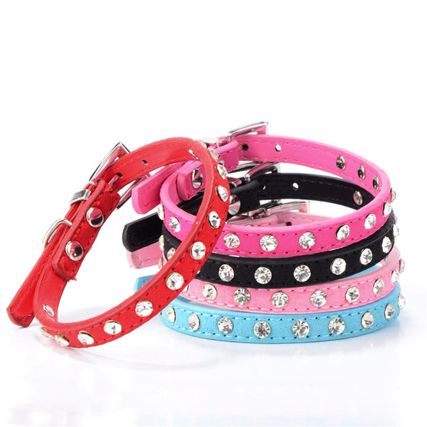 Suede Dog Collar Kitten Cat Puppy Pet safety Release adjustable Rhinestone Bell