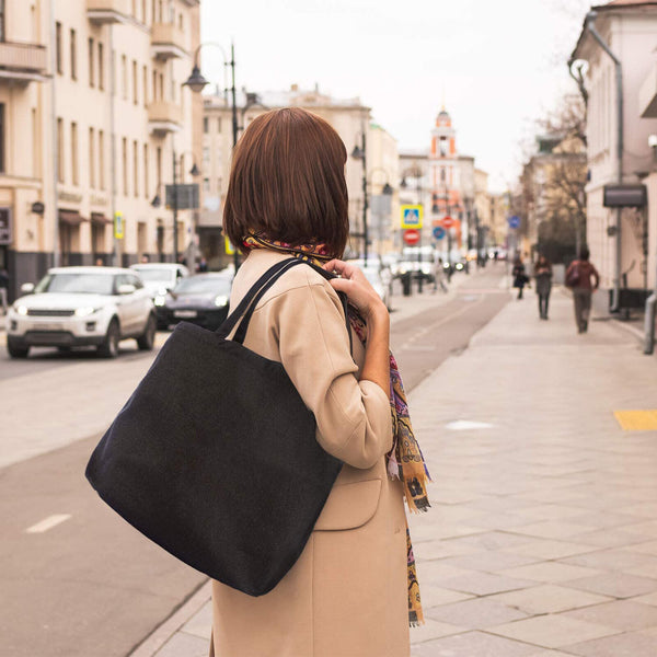Black Plain Canvas Tote Bag With Base Large Capacity Handbag Casual Shoulder Bag