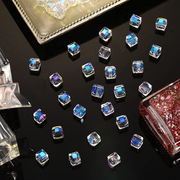 200X Clear AB Colour Square Cube Beads Crystal Glass Prism Faceted 4mm Jewelry A
