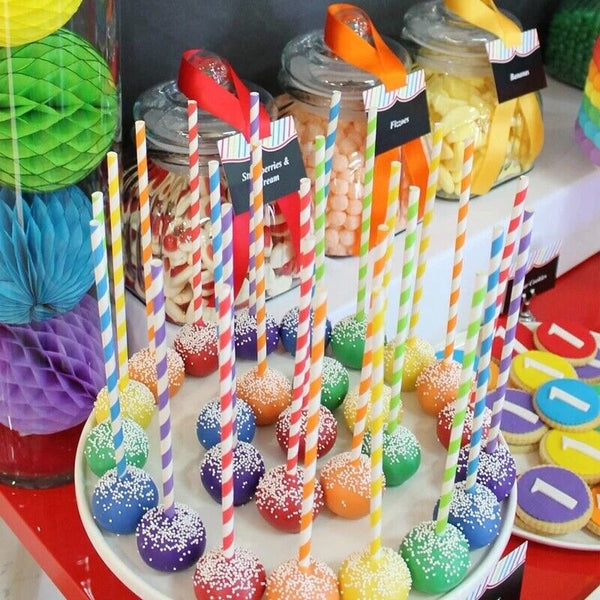 100x Colourful Paper Drinking Straws Straw FOIL Metallic Striped Party Wedding