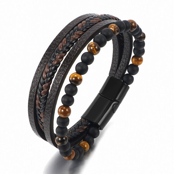 Mens Leather Braided Surfer Wristband Bracelet Tiger Eyes Beaded Bangle Gift