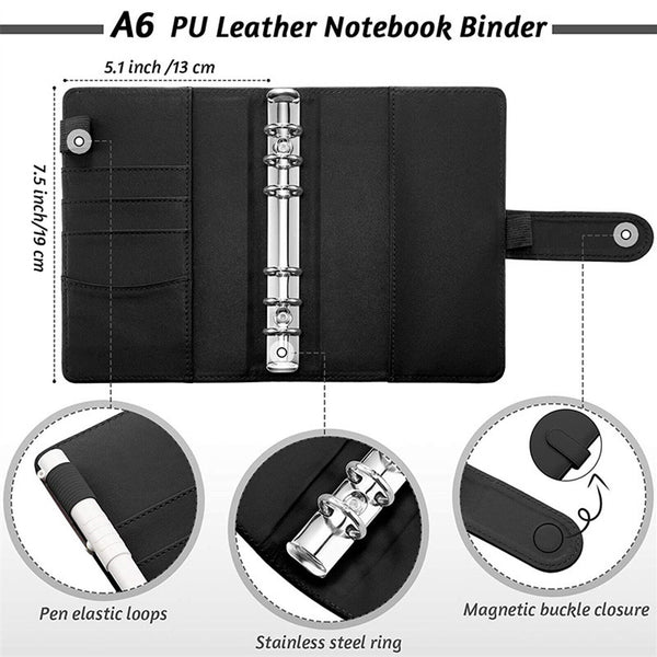 1PC A6 PU Leather Notebook Binder Budget Planner Organizer Cover Cash Pockets
