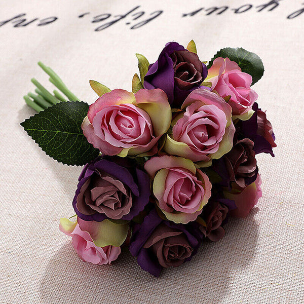 12 Heads Silk Rose Artificial Flowers Fake Bouquet Buch Home Wedding Party Decor