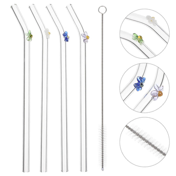 5PCS Flower Glass Pyrex Drinking Straws Pack Bent Straight Reusable Eco-Friendly