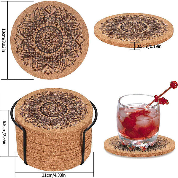 12PCS Cup Coasters Coffee Pad With Rack Nordic Mandala Round Cork Coaster New AU