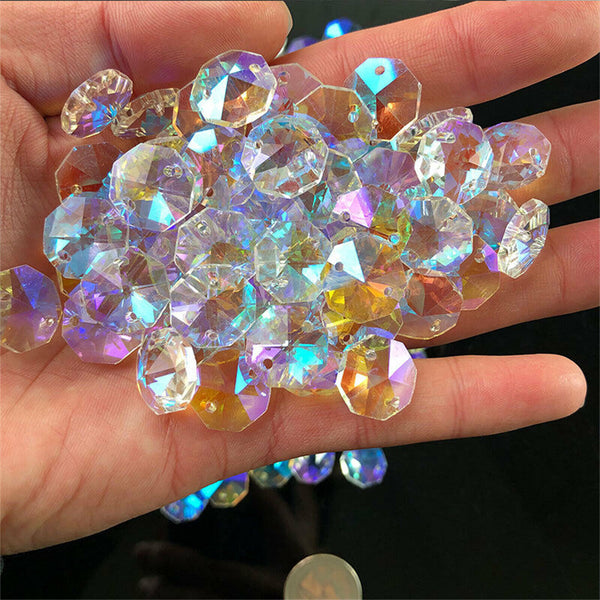 100x Octagon Beads AB Colour Crystal Glass Suncatchers Chandeliers 14mm 2 holes