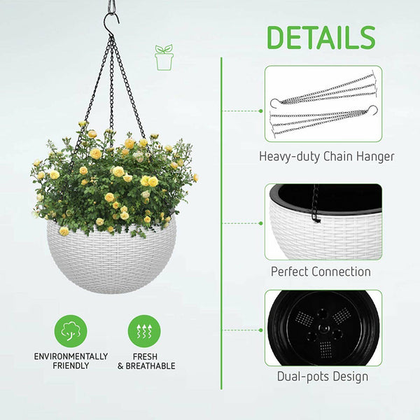 2x Landen Rattan Hanging Plant Pots Flower Baskets Planters Self Watering Wall