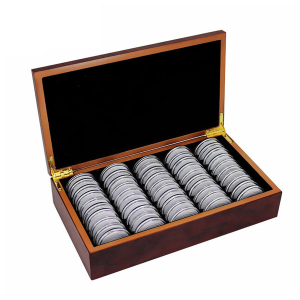 Coin Capsules 50pc – 46mm Cases with Wooden Storage Box
