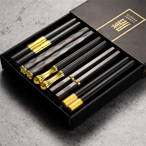 5Pairs Alloy Chopsticks Fibreglass Set Black Premium Asian Japanese Gold Black