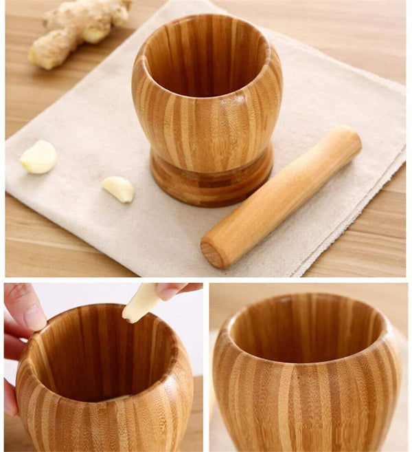 Set Mortar+Pestle Garlic Press Crusher Spice Herb Grinder Tool Hard Wood Natural