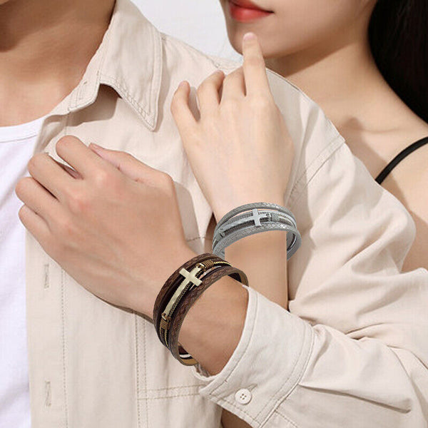 Men Cross Bracelet Multi-Layer Leather Wristband Stainless Steel Stylish Gift AU