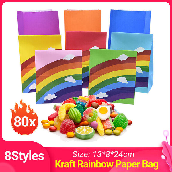 80PCS Kraft Paper Party Bag Seal Birthday Favor Kids Rainbow Candy paper bags