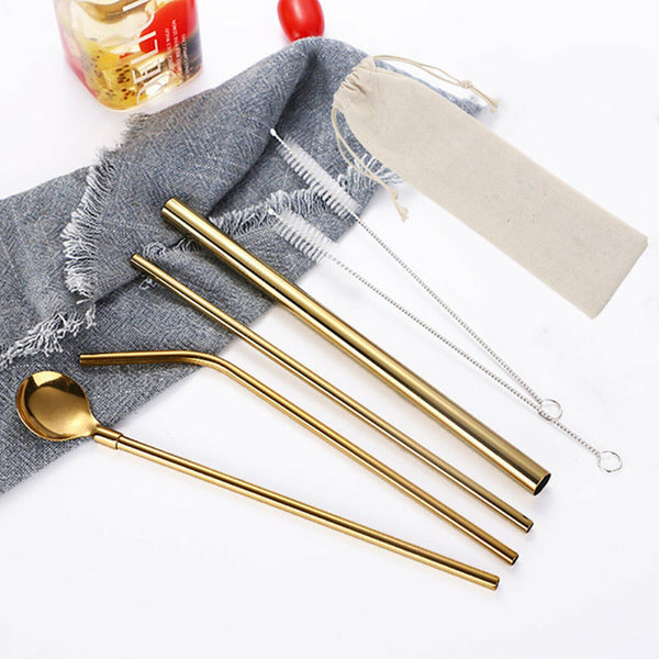 7PCS Reusable Metal Stainless Steel Straws Drinking Straw Spoon Set with Brush