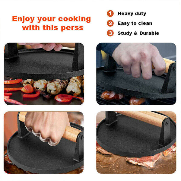 Cast Iron Burger Press Making Hamburger Steak Meat Smasher Utensils Grill BBQ AU