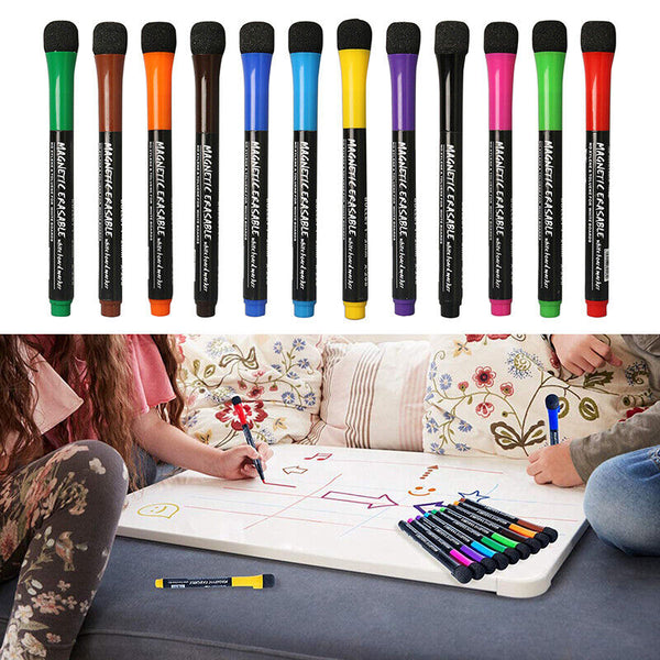 2 Set 12 Colour White Board Fridge Marker Pen Magnetic Dry Wipe Erase Fine Tip - Lets Party