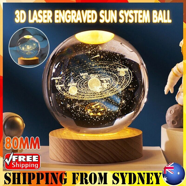 80mm Crystal Solar System Planet Globe 3D Laser Engraved Sun System Ball Gift AU