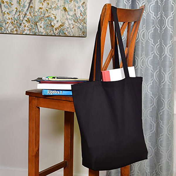 Black Plain Canvas Tote Bag With Base Large Capacity Handbag Casual Shoulder Bag