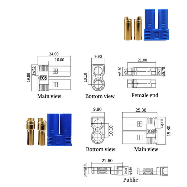 10-30PC EC5 Banana Plug Female Male Gold Connector Socket for AMASS 5mm E-flite