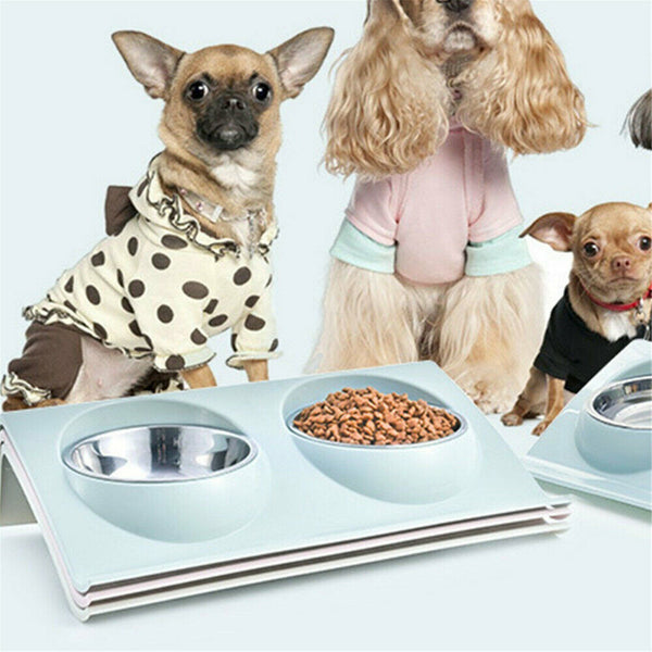 Stainless Steel Double Pet Bowl Twin Dog Food Feeder Station Dish Water Cat AU