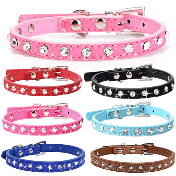 Suede Dog Collar Kitten Cat Puppy Pet safety Release adjustable Rhinestone Bell