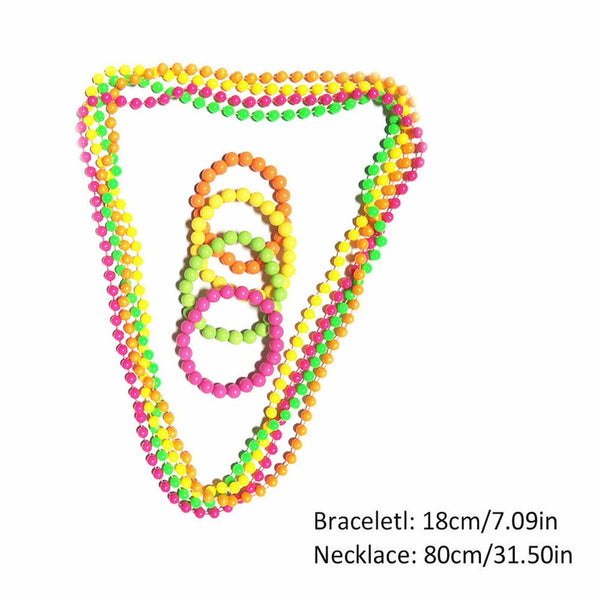 70s/80s Theme Neon Plastic Beads Long Necklace Bracelets Costume Hot Disco Fancy