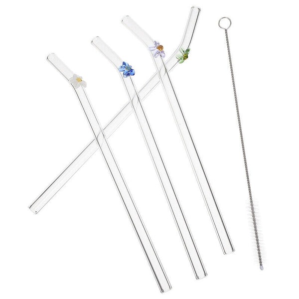 5PCS Flower Glass Pyrex Drinking Straws Pack Bent Straight Reusable Eco-Friendly
