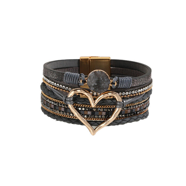Chic Women Multi-Color Leather Wrap Bracelet Love Heart Charms Magnetic Clasp
