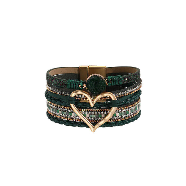 Chic Women Multi-Color Leather Wrap Bracelet Love Heart Charms Magnetic Clasp