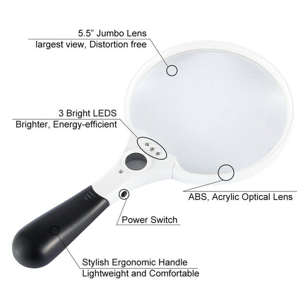 Extra Large Handheld Reading Magnifier 25X Magnifying Glass With 3 LED Lights 2X