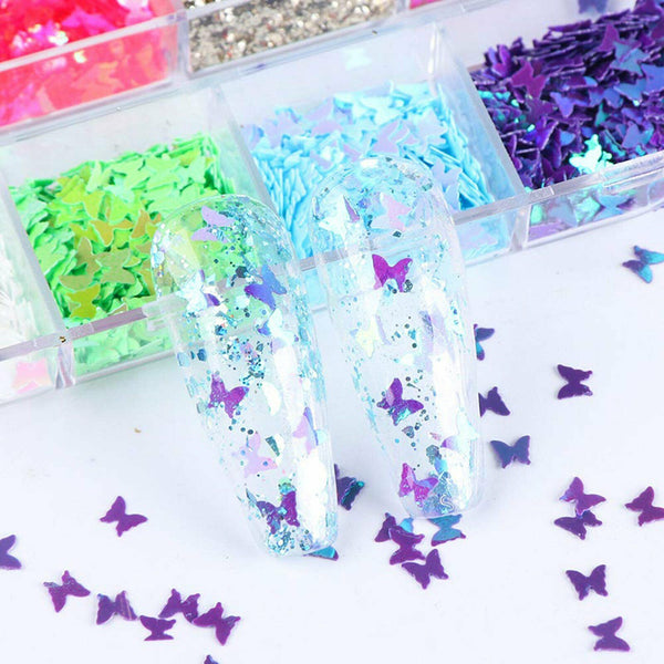 1/2X 12 Colours Butterfly Flakes Glitter Nail Sequins Nail Art Flakes Makeup DIY