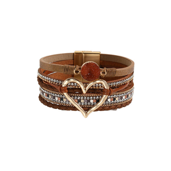 Chic Women Multi-Color Leather Wrap Bracelet Love Heart Charms Magnetic Clasp