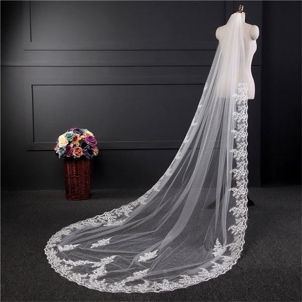 White Lvory  Women Bridal Wedding Cathedral Length Veil 1Layer Long Lace + Comb
