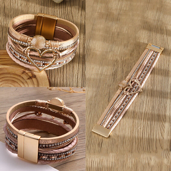 Chic Women Multi-Color Leather Wrap Bracelet Love Heart Charms Magnetic Clasp