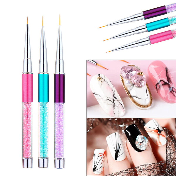 3Pcs Nail Art Liner Brush Pen Rhinestone Handle Salon Using Nylon Hair Brushes