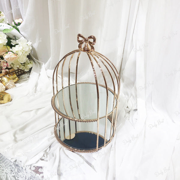 2Tiers Glossy Gold Mirror Birdcage Cup Cake Stand High Tea Plate Wedding Party