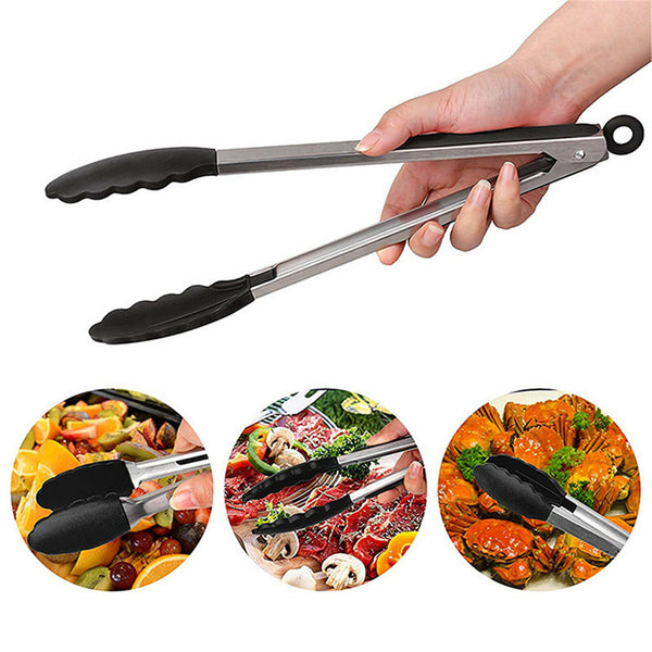 2Pack Black Kitchen Tongs Premium Silicone BPA Free Non-Stick Stainless Steel AU