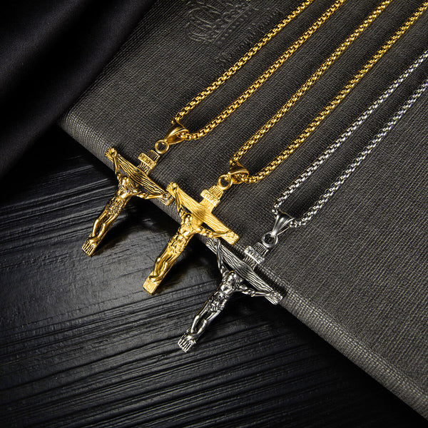 Men Stainless Steel Gold Silver Old Gold Jesus Crucifix Pendant Chain Necklace