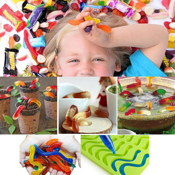 20 Cavity Gummie Snake Mold DIY Edible Gummy Candy Lolly Kids Silicone Mould DIY